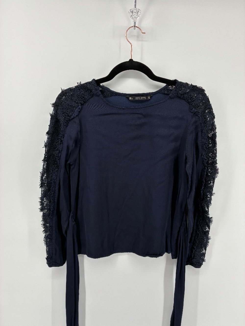 MASSIVE $10 SALE Zara Navy Blue Blouse w/ Waist Tie & Floral Lace Detail